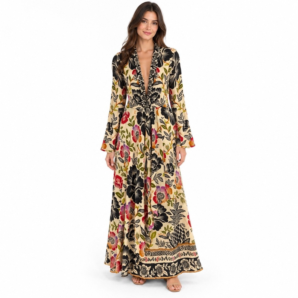 Farm Rio Romantic Garden Maxi Dress Women Small Cream Floral Long Sleeve V-Neck